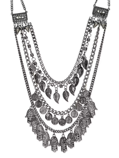 Silver-Plated Alloy Multi Layer Silver Oxidised Necklace - The Pari