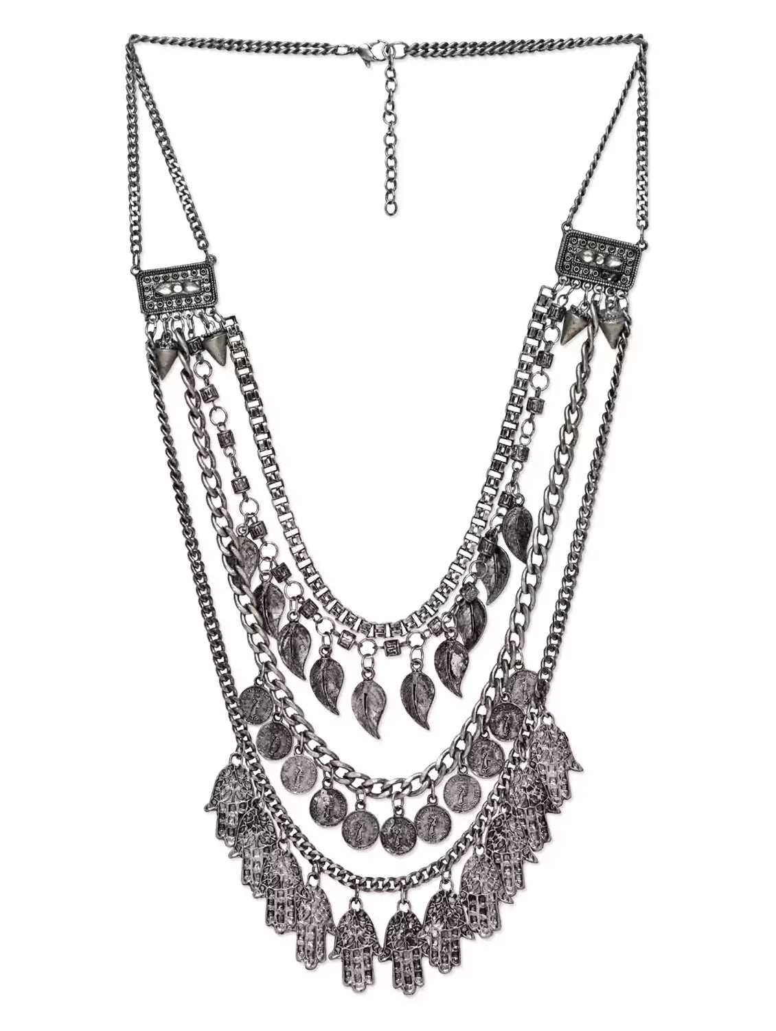 Silver-Plated Alloy Multi Layer Silver Oxidised Necklace - The Pari