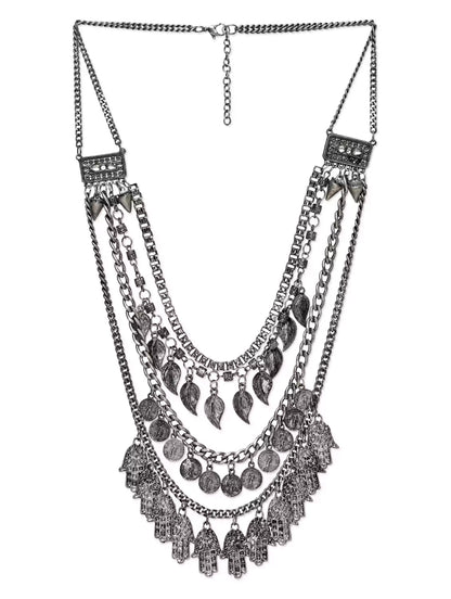 Silver-Plated Alloy Multi Layer Silver Oxidised Necklace - The Pari