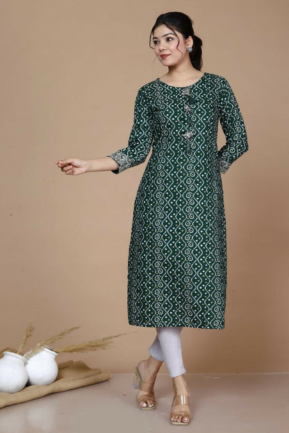 Miravan Women's Rayon Bandhani Print Straight Kurta Green