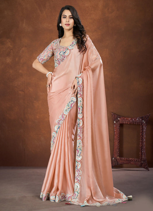 Peach Crepe Satin Silk Embroidered Saree with stitched Blouse - Mohmanthan Saha Saki