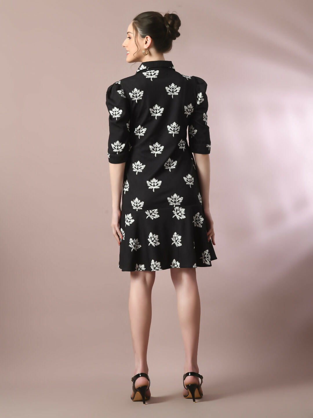 Myshka Women's Black Printed Shirt Collar Fit and Flare Party Dress