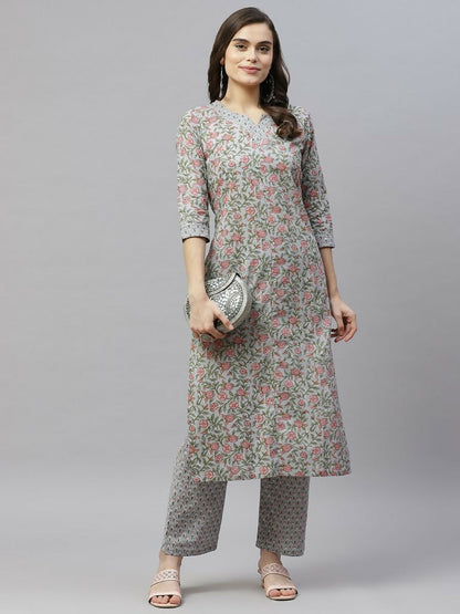 Miravan Women's Cotton Floral Printed Straight Kurta Palazzo 