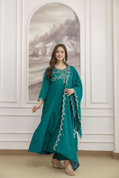 The52 Rama Women's Beautiful Vichitra Silk Fabric Embroidered Work Flared Anarkali Pant and Dupatta Set