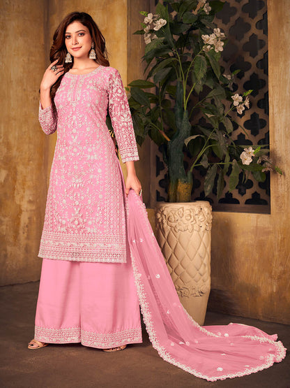 Myra Baby Pink Net Embroidered Palazzo Suit