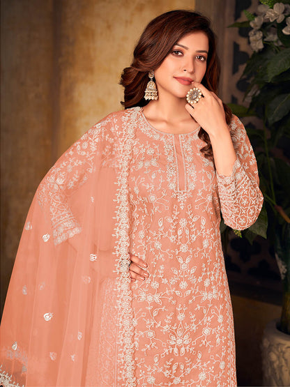 Myra Orange Net Embroidered Palazzo Suit
