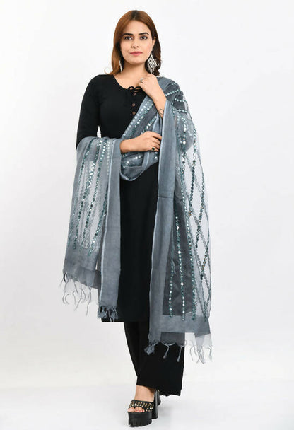 Mominos Fashion Moeza Women's Orgenza Mirror Stripe Thread Work Grey Dupatta