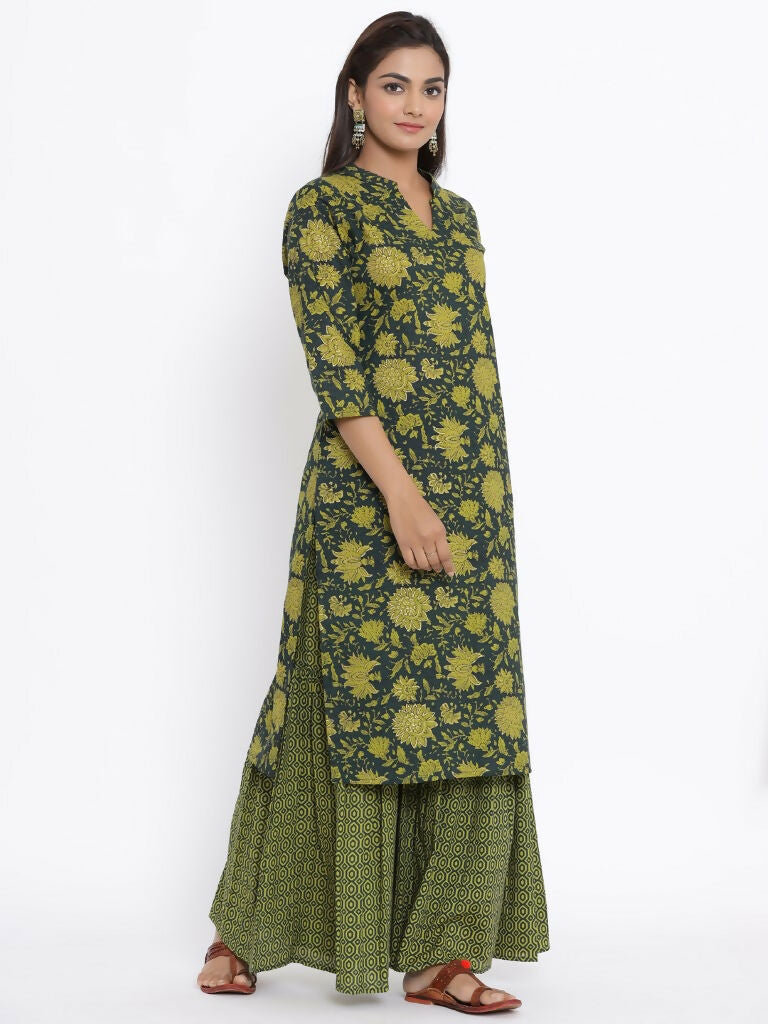 Miravan Women's Green & Yellow Floral Printed Pure Cotton Kurta With Sharara