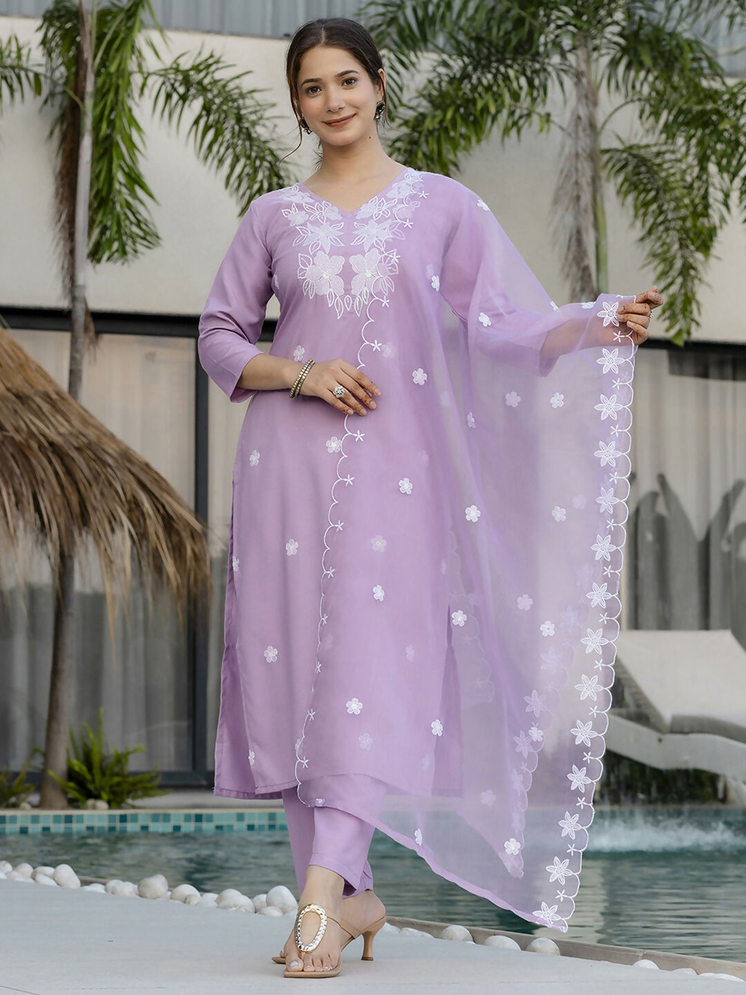The52 Lavender Women's Beautiful Thread work Rayon Fabric with Straight Kurta, Pant and Dupatta Set