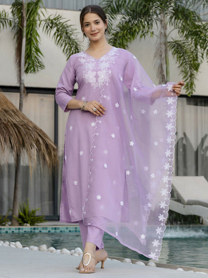 The52 Lavender Women's Beautiful Thread work Rayon Fabric with Straight Kurta, Pant and Dupatta Set