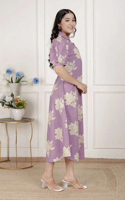 Miravan Womens Lavender Floral Printed A-Line Maxi Dress