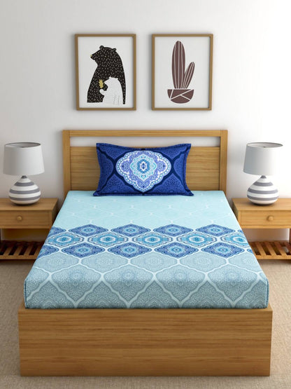 Dreamscape Blue Ethnic 144 TC Cotton Bedsheet with Reversible Pillow Covers