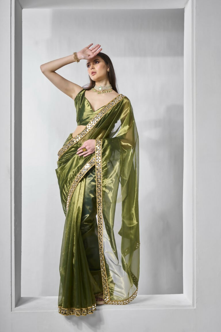 Green Gold Tissue Net Solid & Gold Cotted Saree - Samaa