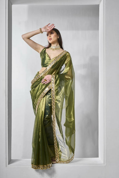 Green Gold Tissue Net Solid & Gold Cotted Saree - Samaa