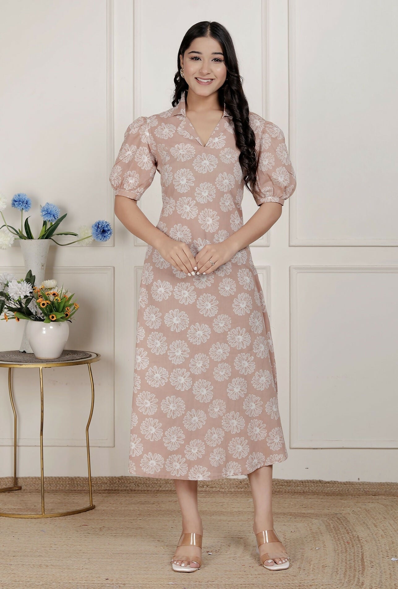Miravan Womens Puff Sleeve Cheeku Pure Cotton Printed Maxi Dress
