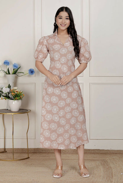 Miravan Womens Puff Sleeve Cheeku Pure Cotton Printed Maxi Dress