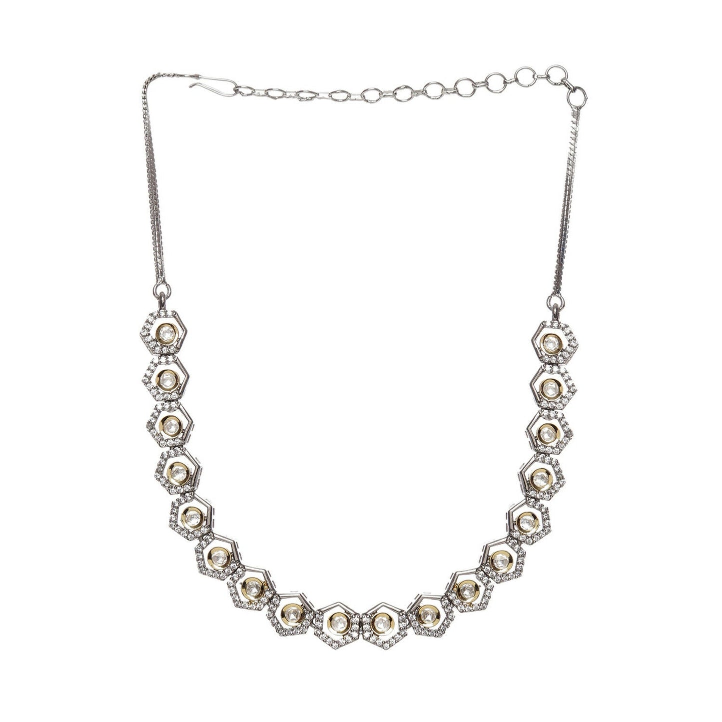 Dual Tone Gold and Silver Choker with American Diamonds and Kundan (Silver) - Ruby Raang