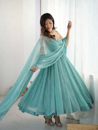 Lorenvalley Teal Crunchy Silk Fabric with Siroski Work Anarkali Pant With Dupatta Set