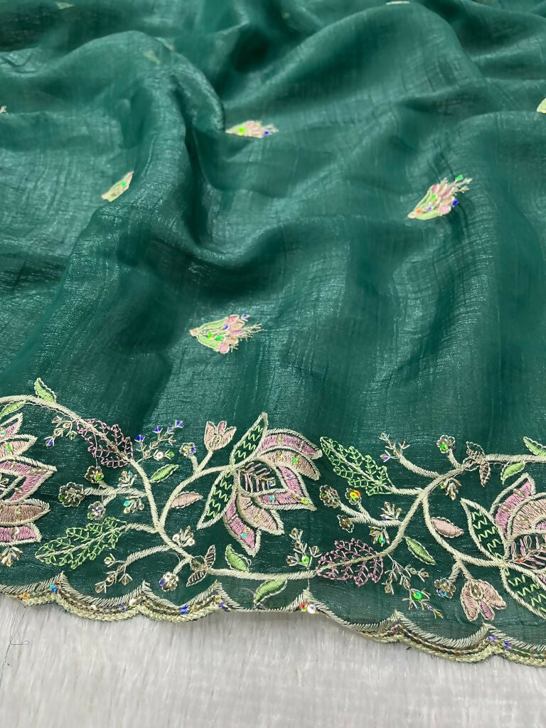 Vastranavya Gold Crunchy Multi Colour Threads Embroidery Work with Sequins Work Saree with Blouse material - Green
