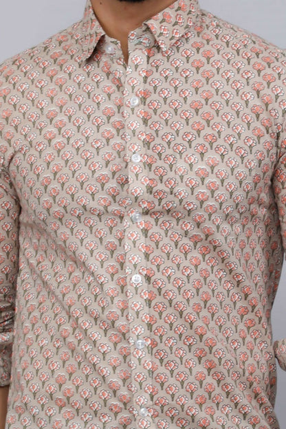 Miravan Men's Beige Pure Cotton Handblock Floral Print Shirt