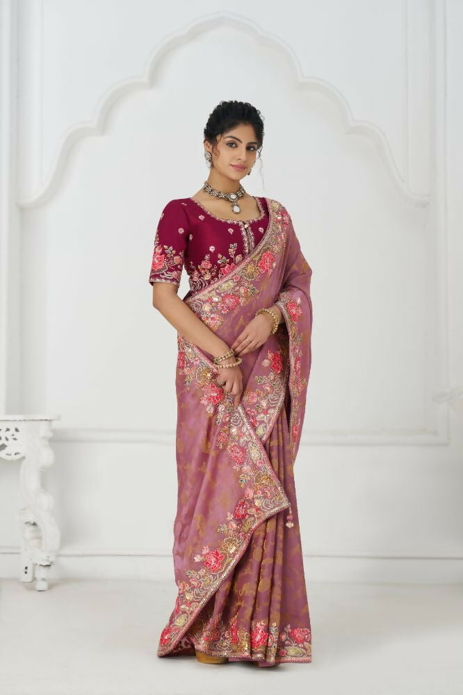 Kesar Fab Threaded Blossoms: Pink With Colorful Floral Embroidery Saree