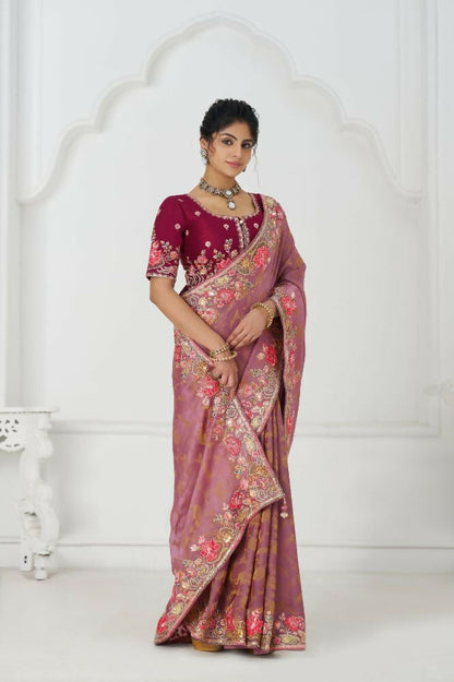 Kesar Fab Threaded Blossoms: Pink With Colorful Floral Embroidery Saree