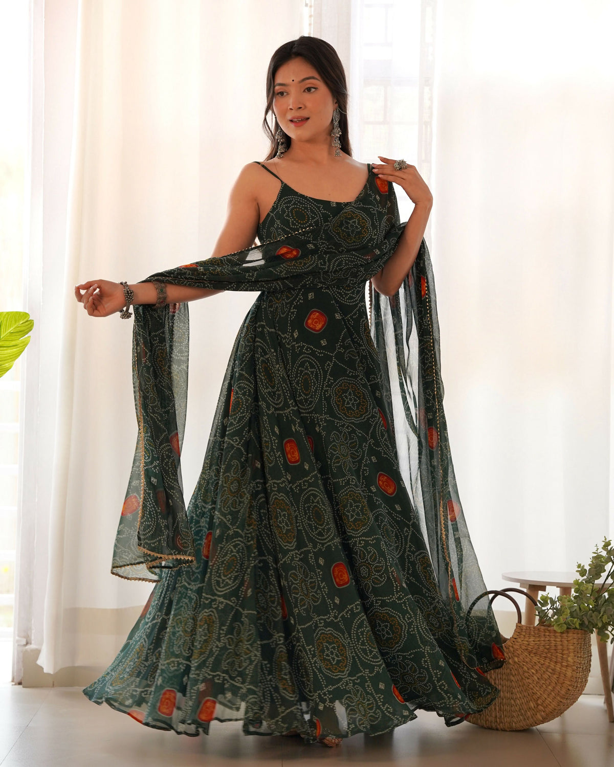 Joban Fashion Bottle Green Kurta Set Chiffon Sequin Embroidery Work