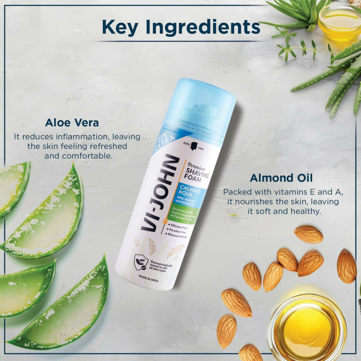 VI-JOHN Dermatologically Tested Premium Claming Aqua Shaving Foam Enriched with Aloevera & Almond Oil Free From Silicone, Paraben & Mineral Oil