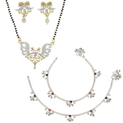 AanyaCentric Gold-Polished Mangalsutra Pendant Earring Set & Silver Plated Anklet
