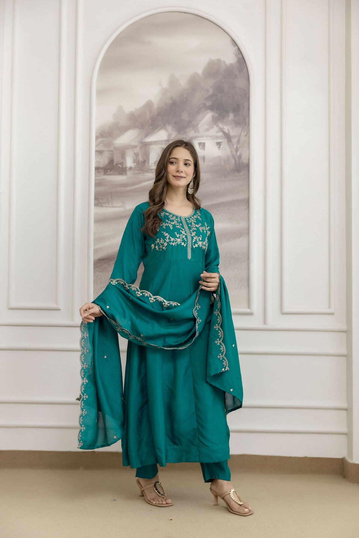 The52 Rama Women's Beautiful Vichitra Silk Fabric Embroidered Work Flared Anarkali Pant and Dupatta Set