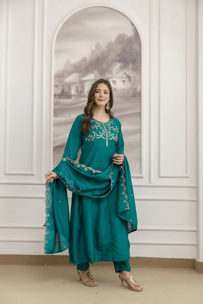 The52 Rama Women's Beautiful Vichitra Silk Fabric Embroidered Work Flared Anarkali Pant and Dupatta Set