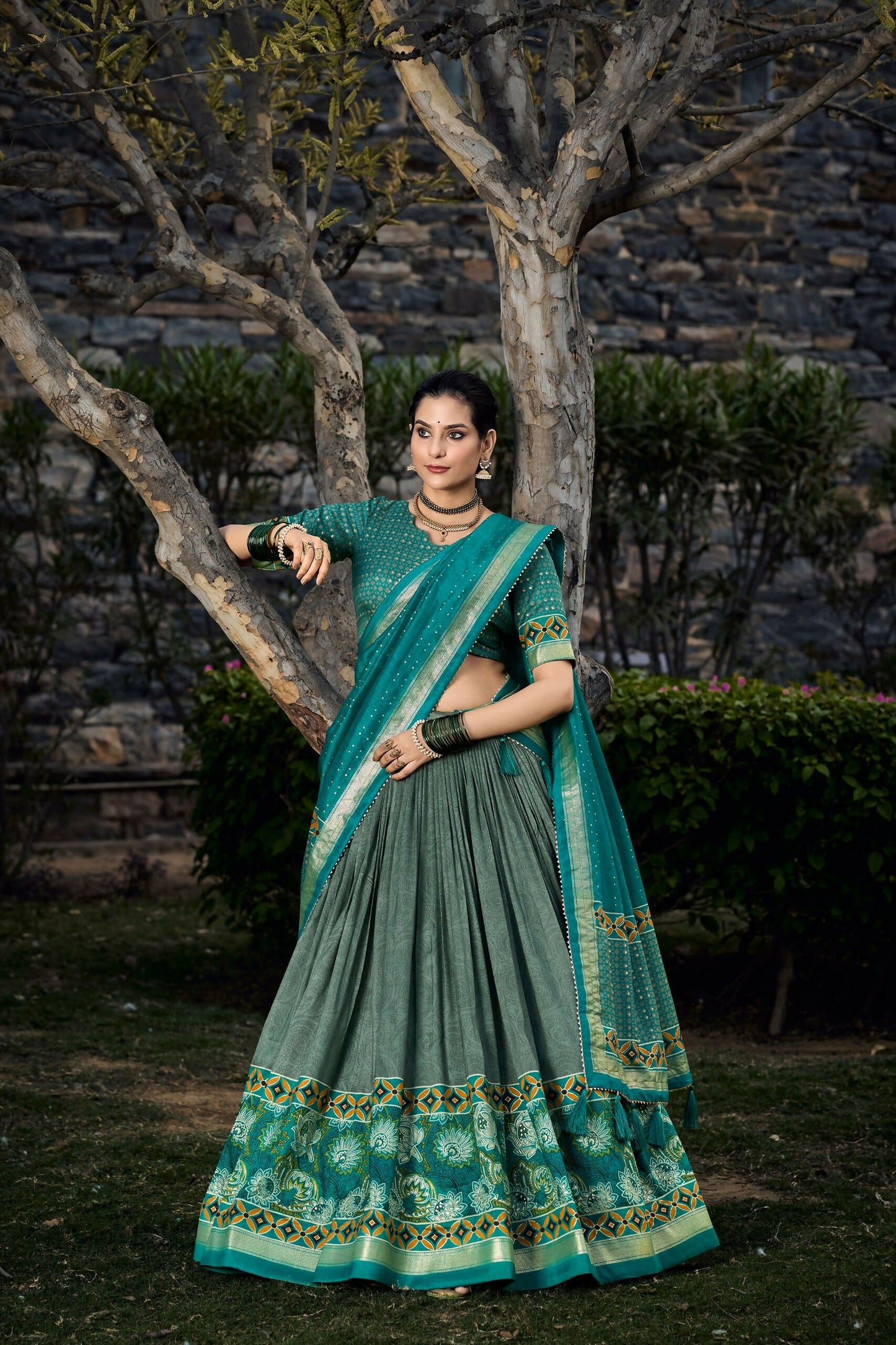 Vastranavya Floral Print With Foil Print Tussar Silk Lehenga With Unstitched Blouse - Sea Green