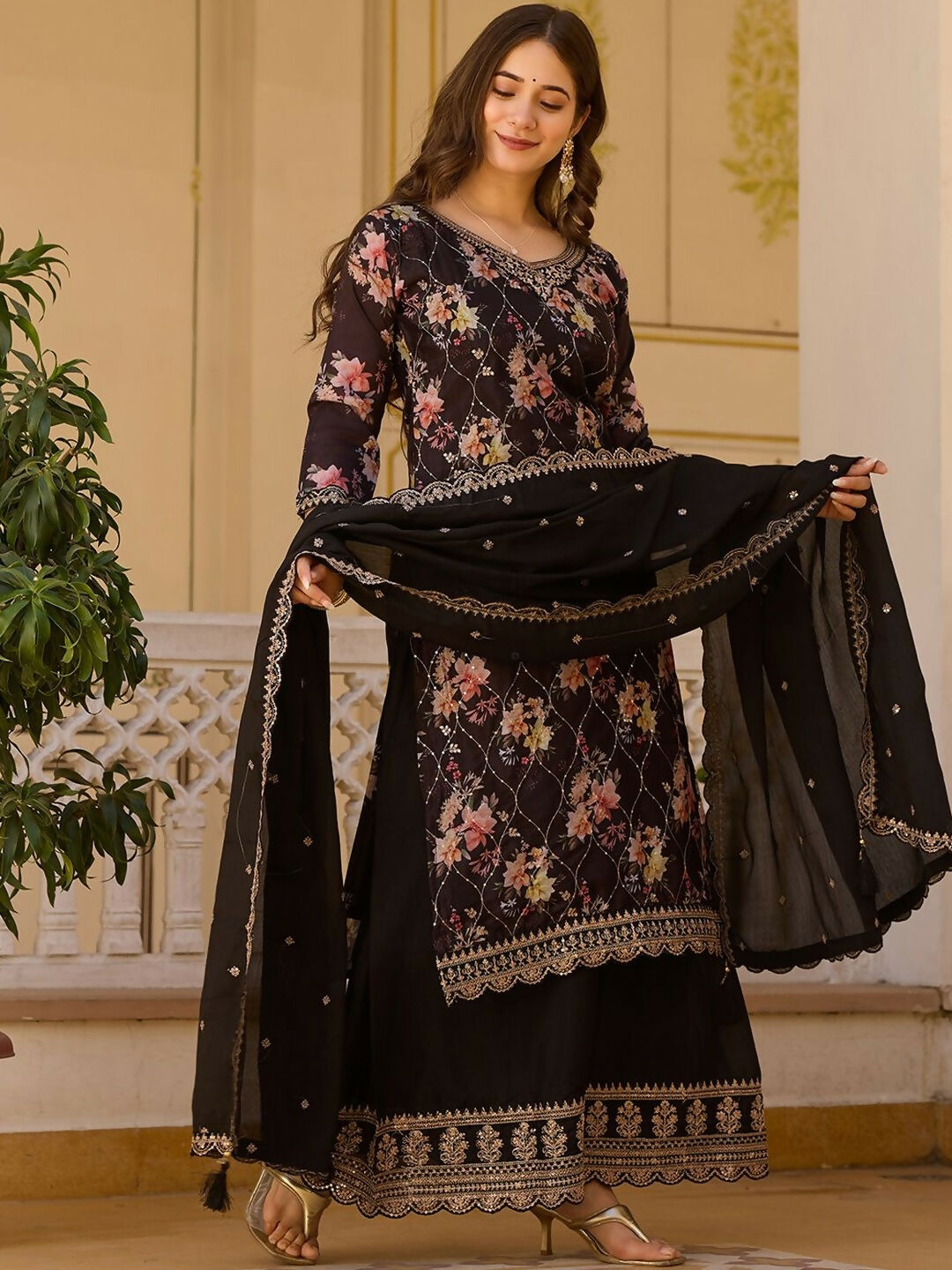 The52 Black Women's Gorgeous Embroidered Chinon Fabric Straight Kurta Palazzo and Dupatta Set