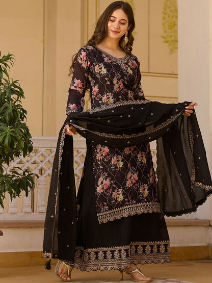 The52 Black Women's Gorgeous Embroidered Chinon Fabric Straight Kurta Palazzo and Dupatta Set
