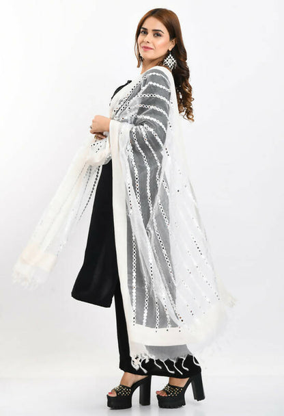 Mominos Fashion Moeza Women's Orgenza Mirror Stripe Thread Work White Dupatta
