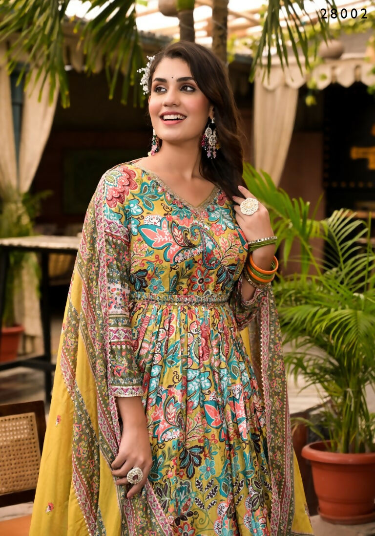 Wedding Designer Multi Soft Dola Silk Anarkali suit with Dupatta - Sanj