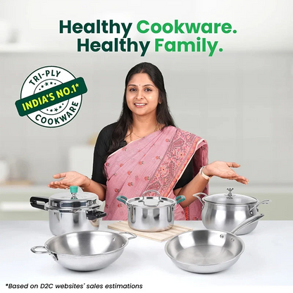 The Indus Valley TurboCuk Tri-ply Stainless Steel Kadai+ Steel Lid, Premium Quality, 3 Layer Thick Body, 100% Toxin-free, Non-stick, Induction & Gas, 3L/3.5L/3.9L/4.5L