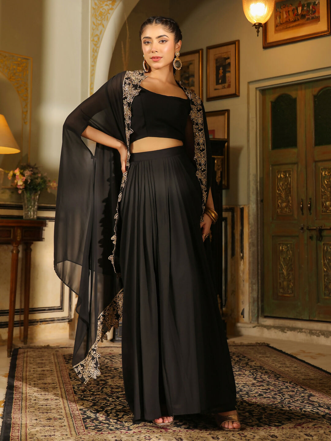 Janasya Black Georgette Solid Top Bottom Cape