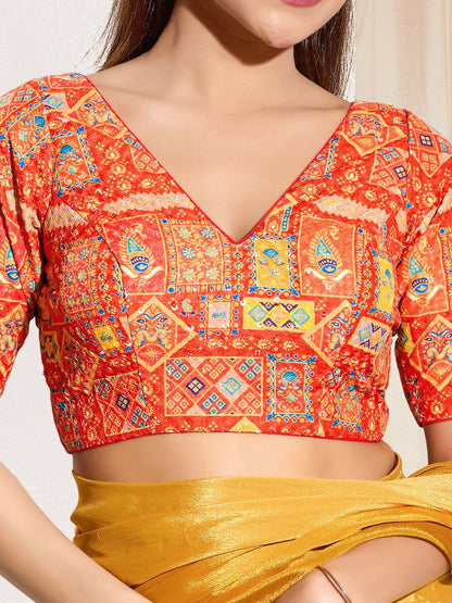 Joban Fashion Orange Viscose Rayon Padded Blouse With V Neck Elbow Sleeves
