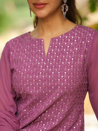 Janasya Lavender Georgette Embroidered Kurta,Bottom & Dupatta
