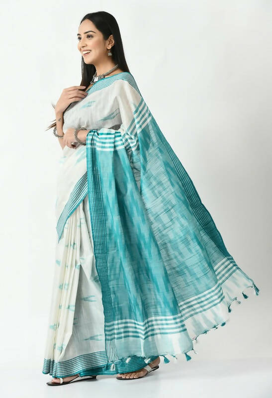 Mominos Fashion Moeza White & Sea Green Bhagalpuri Handloom Ikat Pure Cotton Saree with unstitched Blouse piece