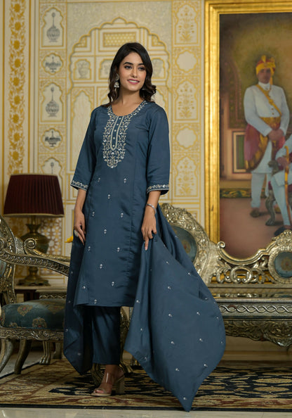 Juniper Women's Grey Thread & Zari Embroidered Viscose Kurta Pant And Dupatta Set