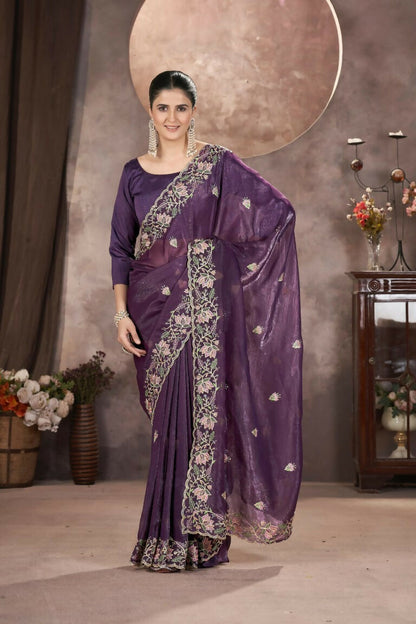 Vastranavya Gold Crunchy Multi Colour Threads Embroidery Work with Sequins Work Saree with Blouse material - Purple