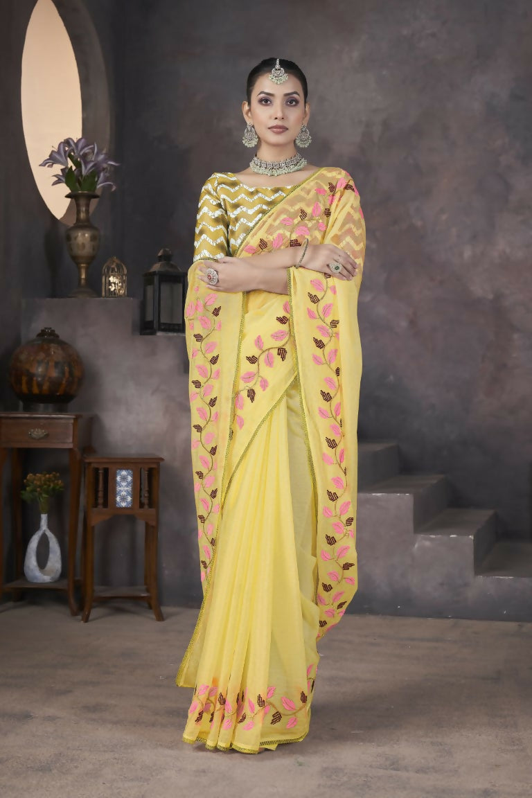 Vastranavya Gold Soft Crush Georgette Thread Embroidery work of Leaf Pattern with Patched Lace Border Saree