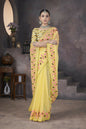 Vastranavya Gold Soft Crush Georgette Thread Embroidery work of Leaf Pattern with Patched Lace Border Saree