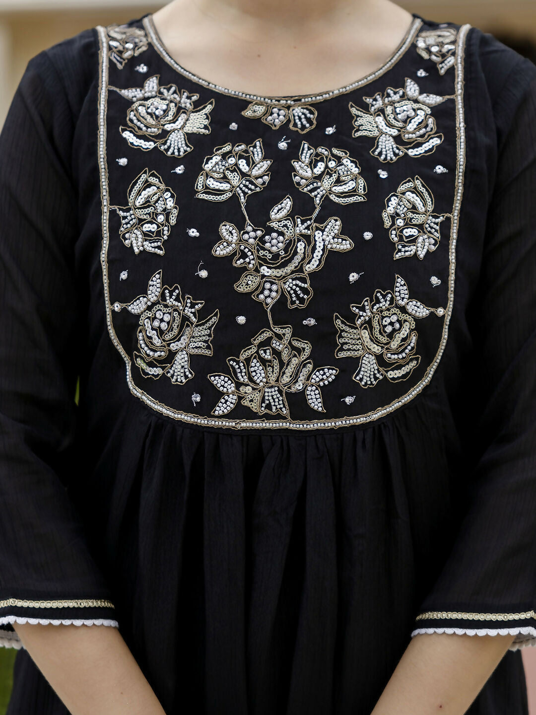 The52 Black Women's Beautiful Embroidered work Chinon Fabric with Flared Kurta, Pant and Dupatta Set