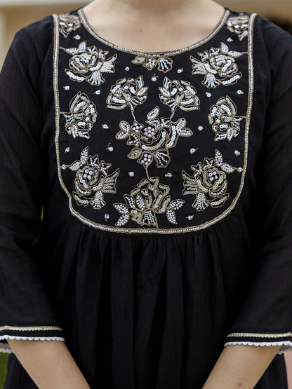 The52 Black Women's Beautiful Embroidered work Chinon Fabric with Flared Kurta, Pant and Dupatta Set