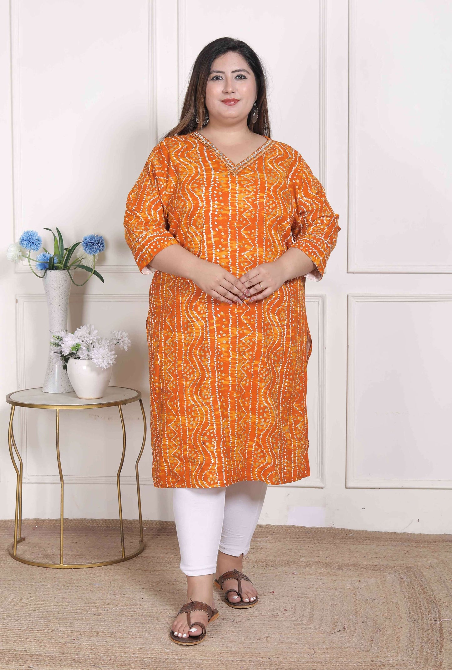 Miravan Women's Plus Size Yellow Bandhani Printed Straight Kurta