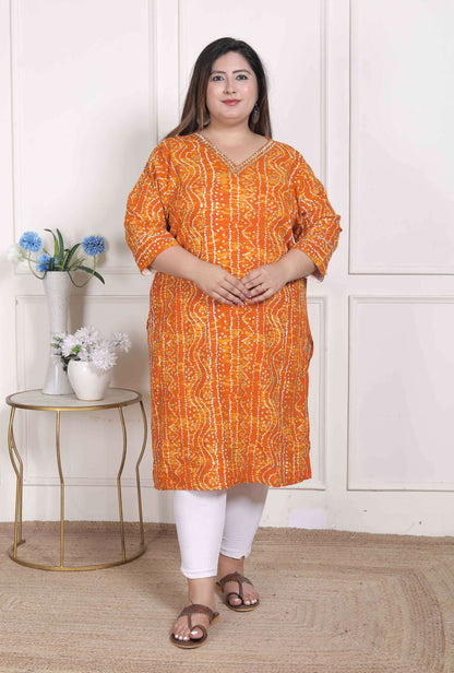Miravan Women's Plus Size Yellow Bandhani Printed Straight Kurta