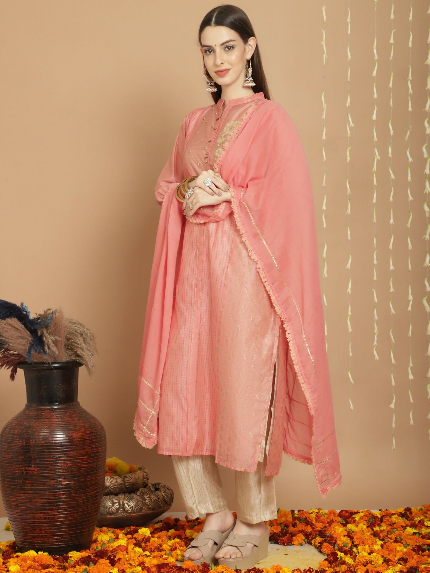 Jyoti Fashion Women's Peach Chanderi Silk Elegant Jardoshi Semi Kurta with Trouser & Dupatta